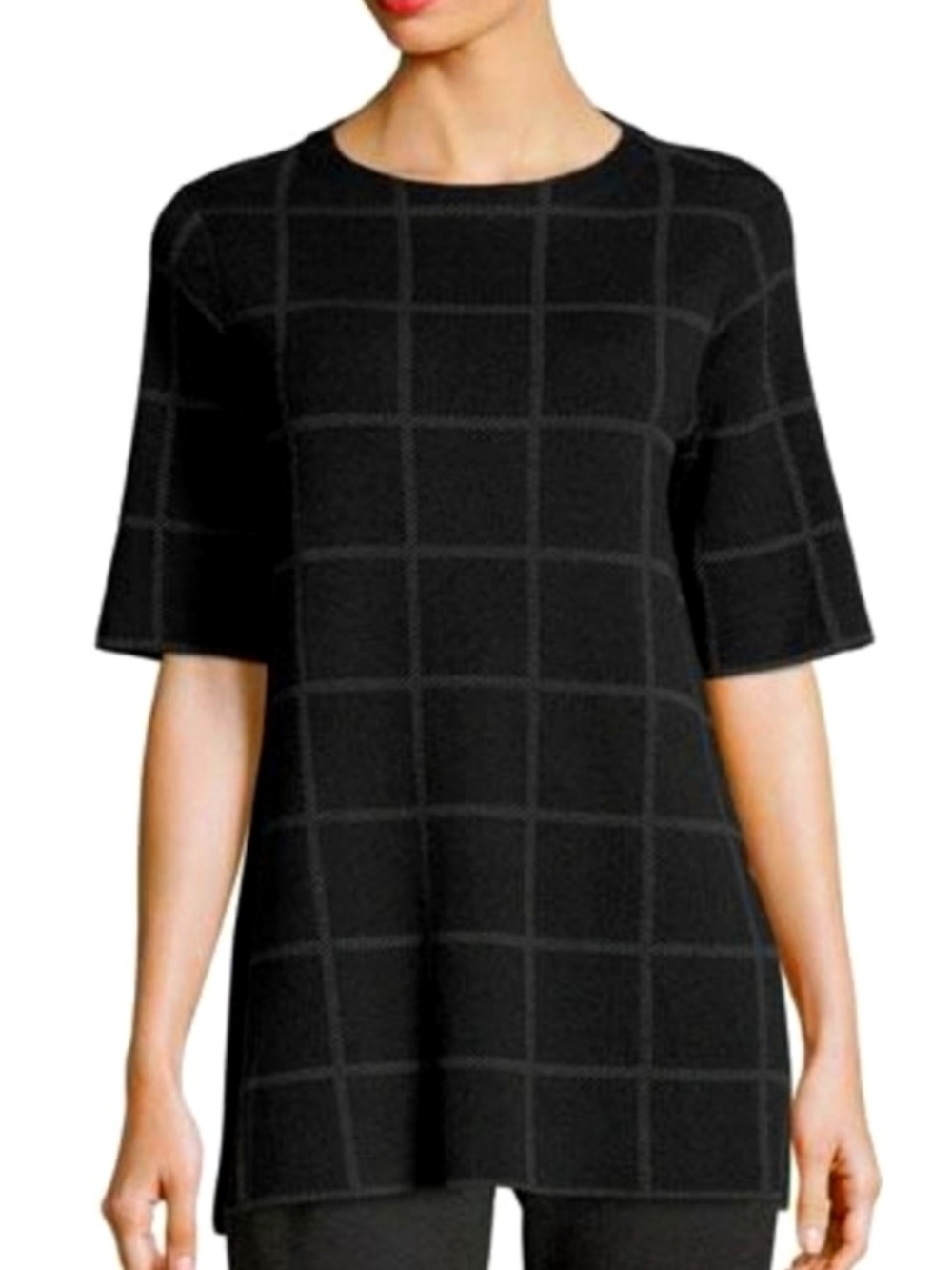 NWT Eileen Fisher Linen Blend Tunic Top, Charcoal Black Window Pane Check – XS